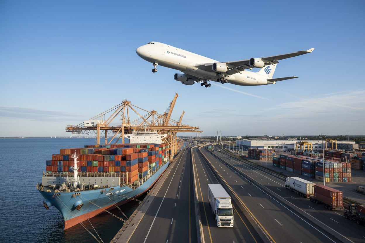 Logistic picture with boat, plane and truck
